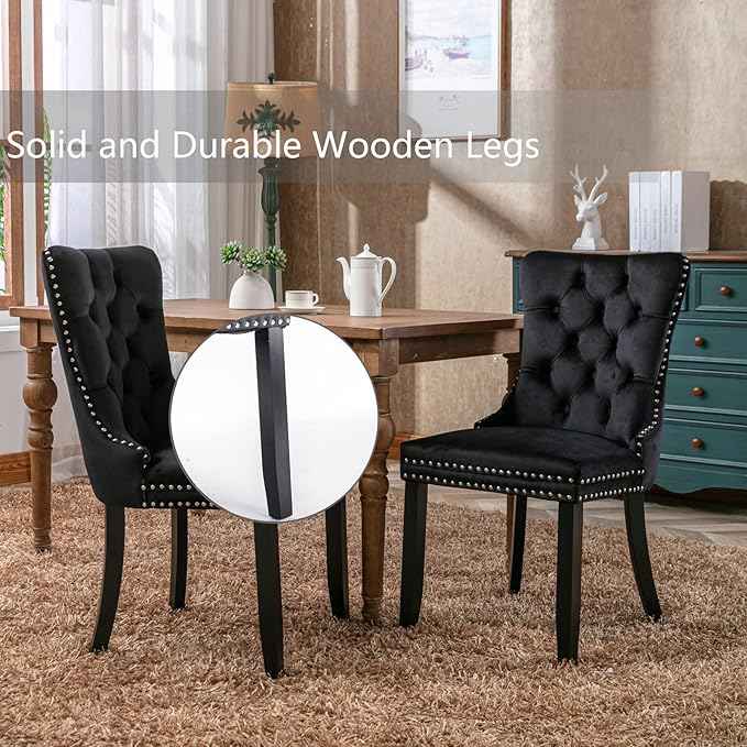 Black Dining Chairs Set of 2,Upholstered Velvet Dining Room Chairs with Back Ring Pull Trim and Solid Wood Legs,Modern Dining Chairs Perfect for Dining Room, Kitchen(Black)