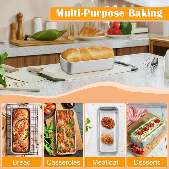 E-far Bread Loaf Pan, 12” x 5” Large Stainless Steel Loaf Pan for Homemade Bread, Long Metal Bakeware Mold for Baking Banana Cake Meatloaf Brownies Lasagna, Nontoxic & Dishwasher Safe