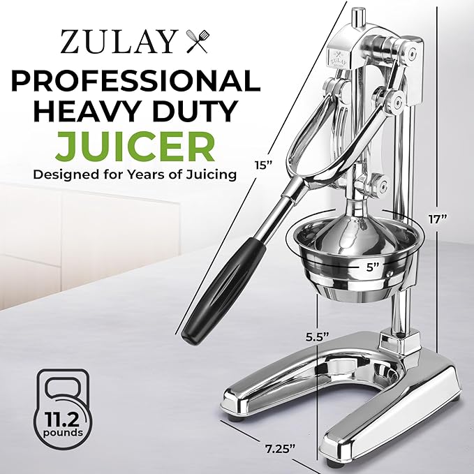Zulay Kitchen Professional Citrus Juicer - Chrome Finish Manual Citrus Press and Orange Squeezer - Metal Lemon Squeezer - Extra Tall Heavy Duty Manual Orange Juicer and Lime Squeezer Press Stand