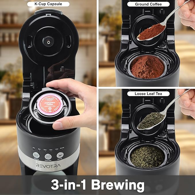 REVOTRA Single Serve Coffee Maker for Pods & Ground Coffee, 6 to 14oz Brew Sizes, Strong Brew Option, Fast Brewing, Compact Design with Removable 40oz Reservoir, Travel Mug Friendly