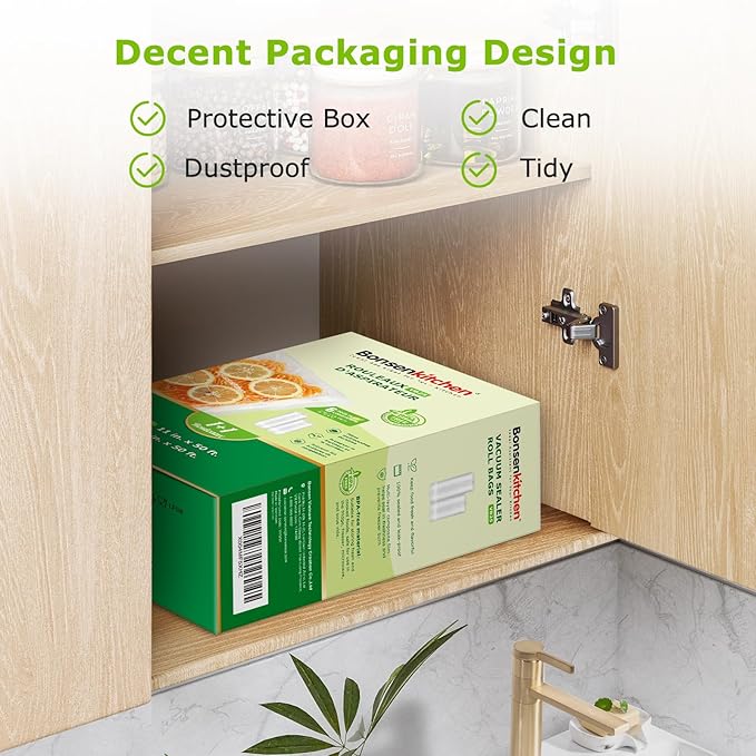 Bonsenkitchen Vacuum Sealer Bags Rolls, 11in x 50ft & 8in x 50ft Durable Food Sealer Bags, Commercial Grade, Heavy Duty, BPA Free, Seal a Meal, Great for Food Storage & Sous Vide Cooking, VB25