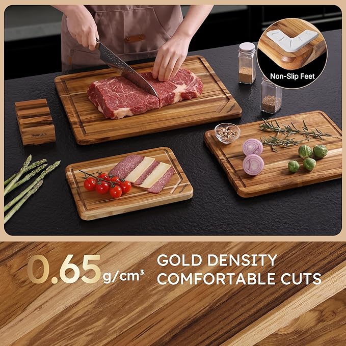 3 Pack Teak Wood Cutting Board Set with Holder Non Slip Over Sink Wooden Chopping Board for Fresh Meat Vegetable Thick Haus Perfect for Charcuterie Juice Groove Kitchen Accessories - FSC Certified