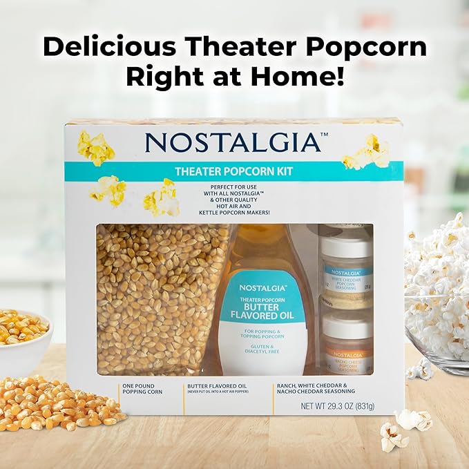Nostalgia Theater Popcorn Machine Kit - Popcorn Kit With 1 Lb. Kernels & 12.5 Oz Butter Oil for Home Snacks - All-In-One Popcorn Kit with Ranch, White Cheddar & Nacho 3 Oz Seasonings for Easy Popping