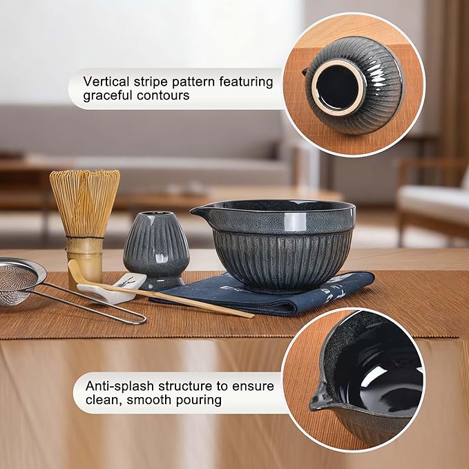 Matcha Whisk Set, Ceramic Matcha Bowl with Spout, Bamboo Whisk, Scoop, Ceramic Holders, Stainless Sifter, Towel, Perfect 7pcs Matcha Starter Kit for Tea Ceremony, Japanese Tea Making Tools (Grey)