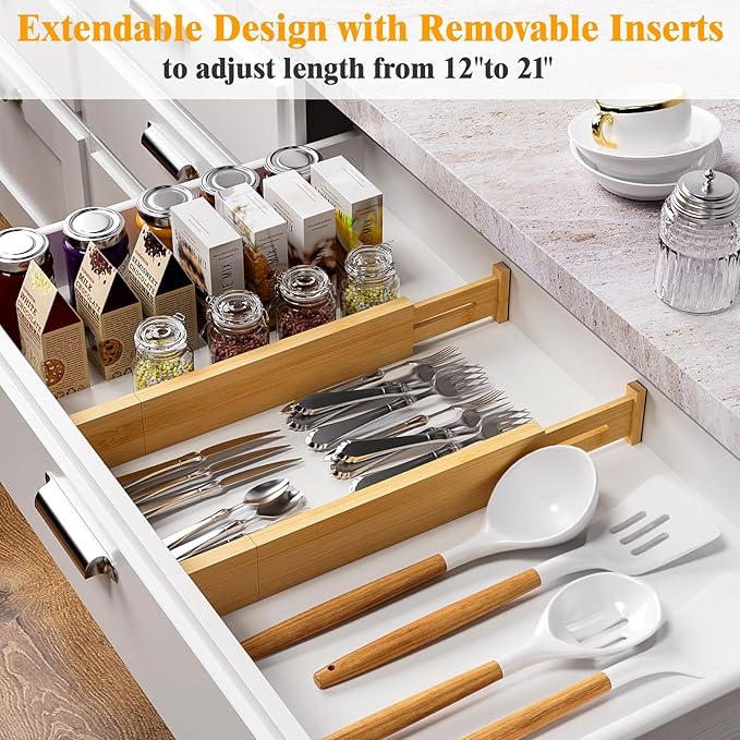 Bamboo Drawer Dividers,12-21" Adjustable Drawer Organizers for Clothes,Expandable Dresser Separators in Kitchen/Bedroom/Bathroom/Vanity/Office Organization and Storage,5-Pack