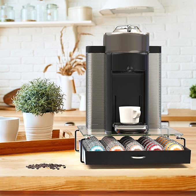 Deco Brothers Crystal Tempered Glass Vertuo Pod Holder Drawer, 30 Large or 60 Small Nespresso Capsule Organizer, Black