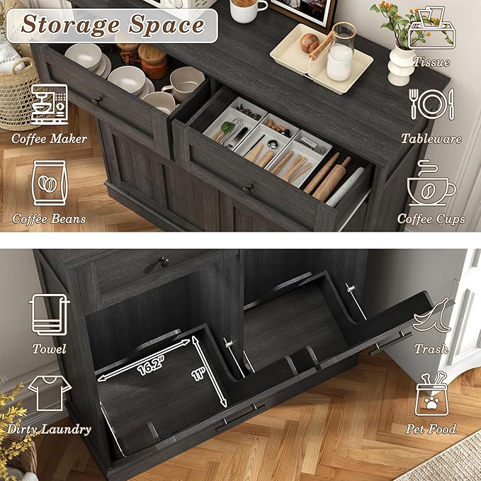 chartustriable Double Trash Can Cabinet, 26 Gallons Farmhouse Hidden Wood Garbage Can Bin Cabinet with Drawers, Tilt Out Laundry Hamper with Laundry Storage Basket for Bathroom, Kitchen, Dark Grey