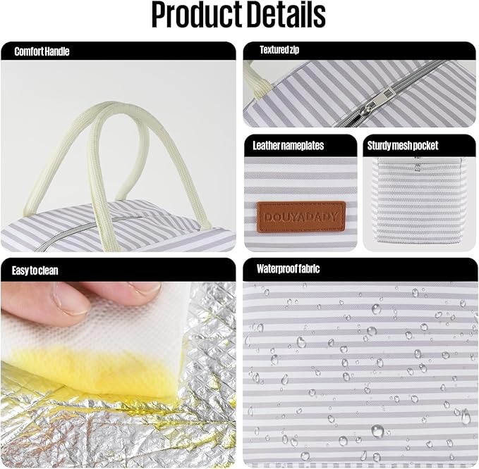 douyadady Lunch Bag Women/Men Lunch Box Women/Men (Grey+White Stripes)
