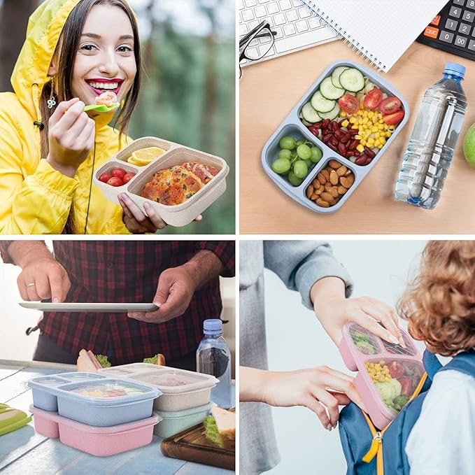 buluker 4 Pack Bento Lunch Box Set 3 Compartment Food Storage Containers Wheat Straw Meal Prep Lunch Box Plastic Food Storage Containers, Microwave and Dishwasher Safe (light colour)