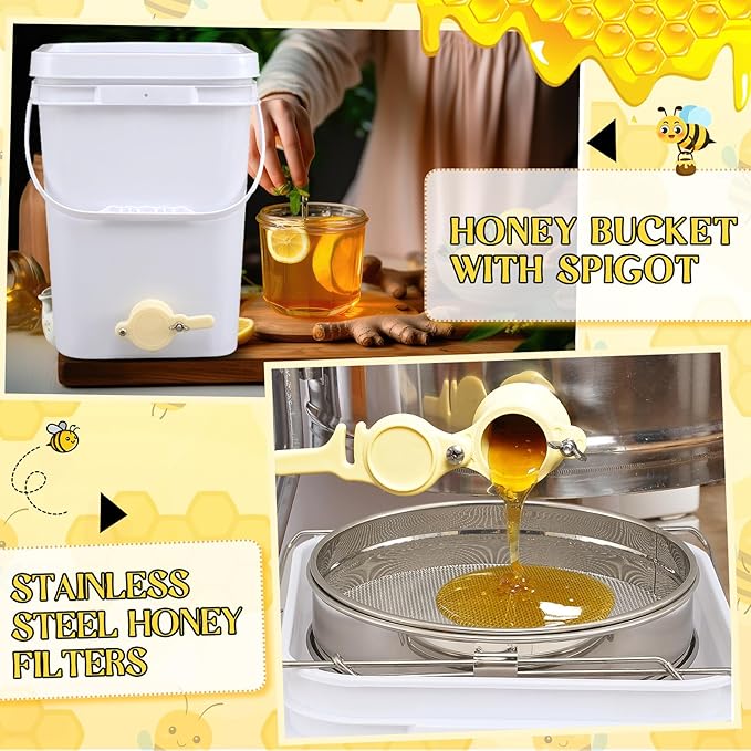 Threehoney 5 Gallon Honey Bucket with Spigot and Stainless Steel Filters Set Honey Extractor Equipment Food-Grade Bucket with Spigot for Bee Keeping Supplies Extracting Storage(White, 5 Gallon)