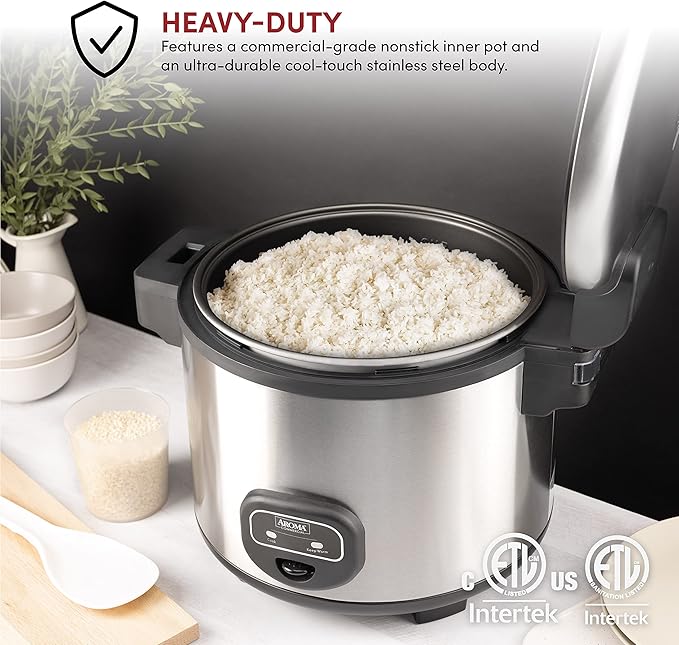 Aroma Housewares 60-Cup (Cooked) (30-Cup UNCOOKED) Commercial Rice Cooker, Stainless Steel Exterior (ARC-1130S) & ARC-360-NGP 20-Cup Pot-Style Rice Cooker & Food Steamer, White