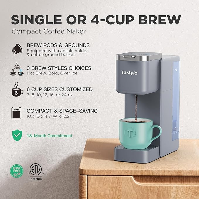 Tastyle Single Serve Coffee Maker, Iced and Hot Coffee Machine for K Cup & Grounds, Compact Design, 40oz Removable Water Reservoir, 6 to 24 Oz Brew Sizes, Fits 7.3" Travel Mug, Gray