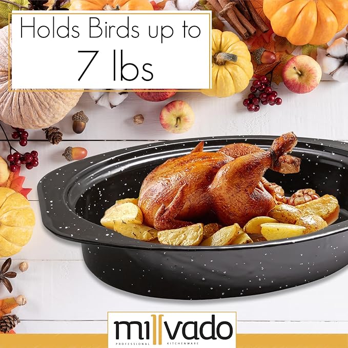 Millvado Roasting Pan With Lid, Turkey Roaster Pan, 13" Granite Oven Roaster Oval Shaped Speckled Enamel on Steel Cookware