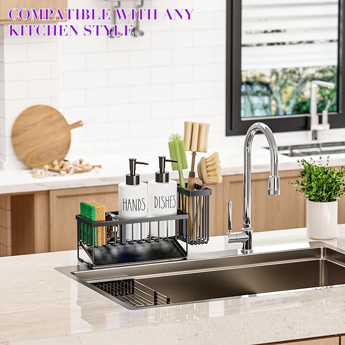 MASADI Kitchen Dish Soap Dispenser Set with Sponge Holder, 12OZ Glass Bottle, Hand and Dish Soap Dispenser Set, Non-Slip Silicone Pad, Brush Holder, Kitchen Sink Organizer Countertop (Black+White)