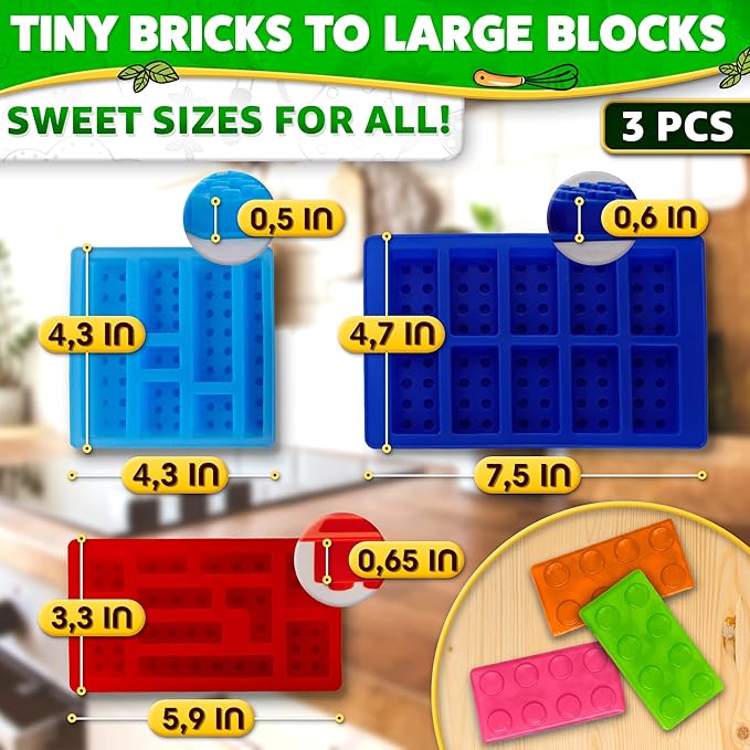 3 Pcs Silicone Chocolate Molds - Building Brick Mold Silicone Non-Stick Ice Cube Tray, Easy to Use & Clean - Designed for Candy, Chocolate, Ice, Gelatin, Soap, Jelly Shots, Cake Decorating & More Fun