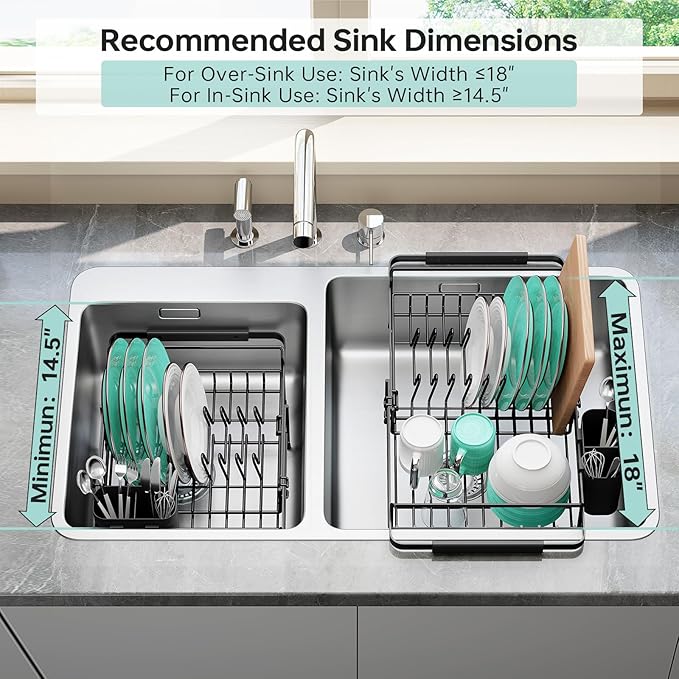 Urackify Dish Drying Rack in Sink - Expandable (14.5''-18''L) Over The Sink Dish Rack with Utensil Holder, Space-Saving Dish Drainer for Kitchen Counter, 1 Piece, Matte Black