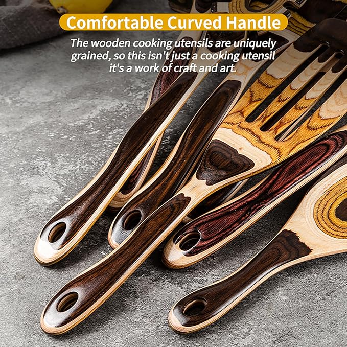 Gudamaye 7-Piece Brown Pakkawood Utensils Set – Sturdy, Eco-Friendly, Wooden Spoons for cooking, Wooden Utensil for cooking, Wooden Kitchen Tool, Home & Kitchen Gifts for Men and Women
