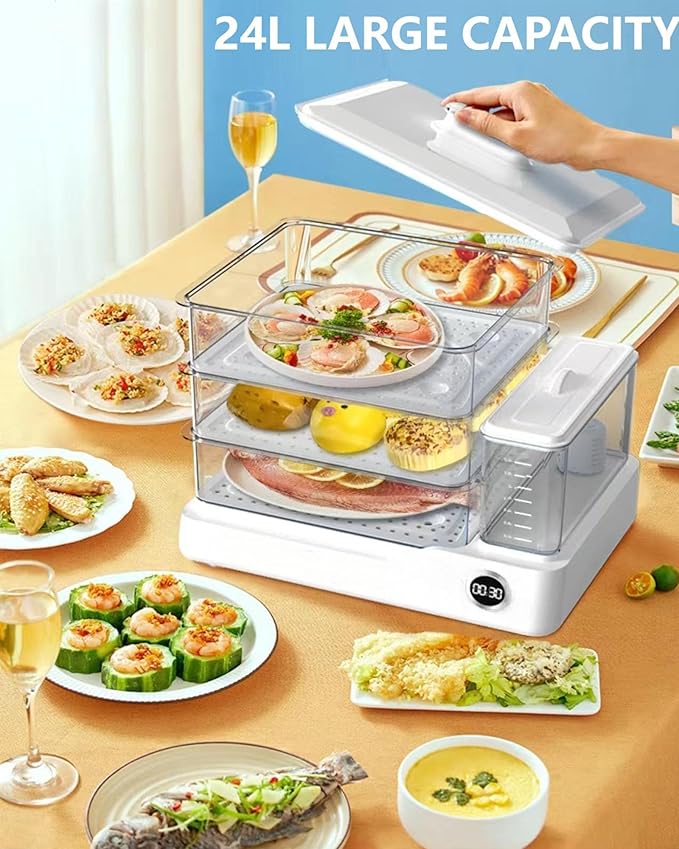 Electric Food Steamer, Steamer For Cooking,24L,800w Household Food And Vegetable Steamer, 24-Hour Delayed Start, Split Type Independent Water Tank, 3-Layer Stainless Steel Tray