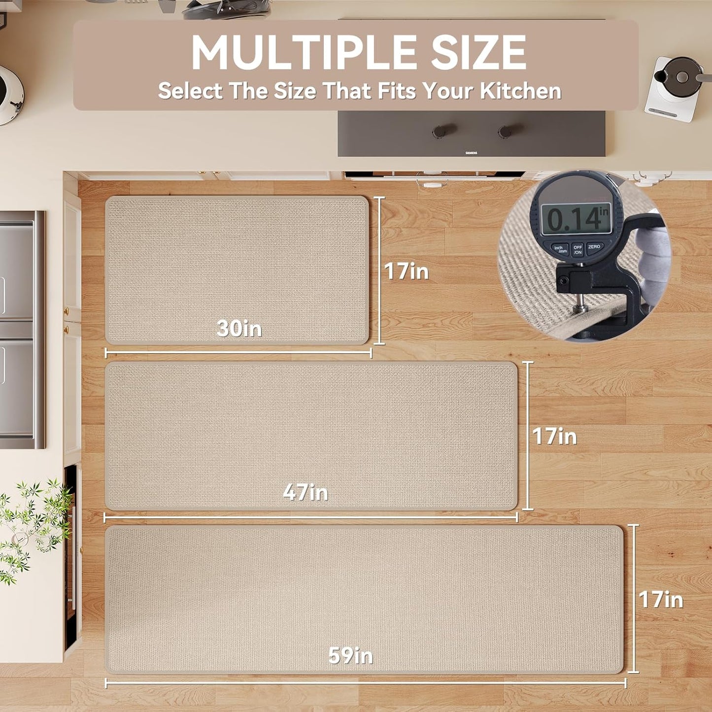 Kitchen Mats for Floor, Super Absorbent Kitchen Rugs Non Slip Washable, Soft Imitation Linen Braided Runner Rug, Standing Mat Kitchen Sink Mat, Easy to Clean, Beige 17x71