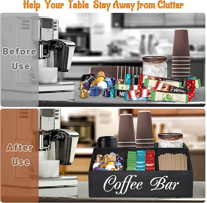 ugiftt Coffee Station Organizer for Counter, Wood Coffee Pods Holder Storage Basket, Tea Condiment Storage Organizer, Rustic Coffee Bar Decor for Coffee Accessories Organizer