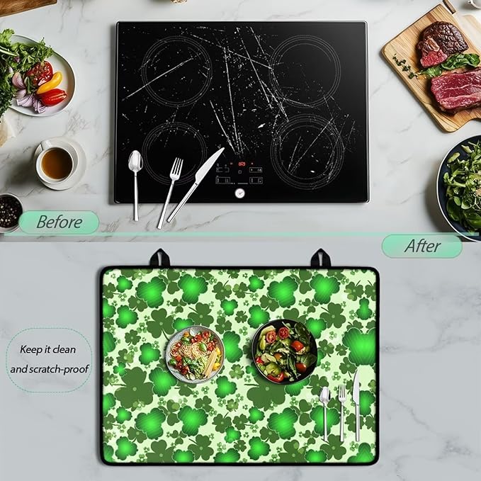 Green Leaf Stove Top Covers Glass Stovetop Cover Protector St.Patrick's Day Heat Resistant Glass Stove Cover Protector Cooktop Covers