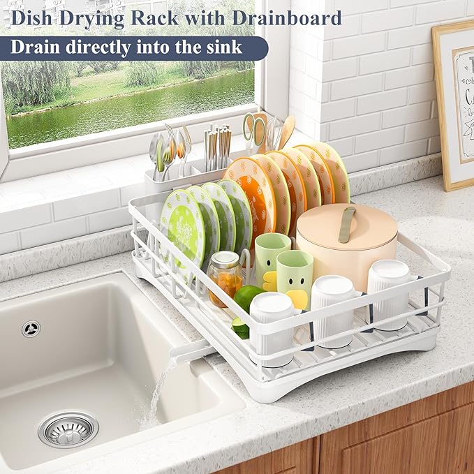SAYZH Dish Drying Rack - Stainless Steel Dish Rack for Kitchen Counter, Large-Capacity Dish Drainer with Cutlery Holder, Kitchen Organizer for Dishes, Spoons and Forks, White