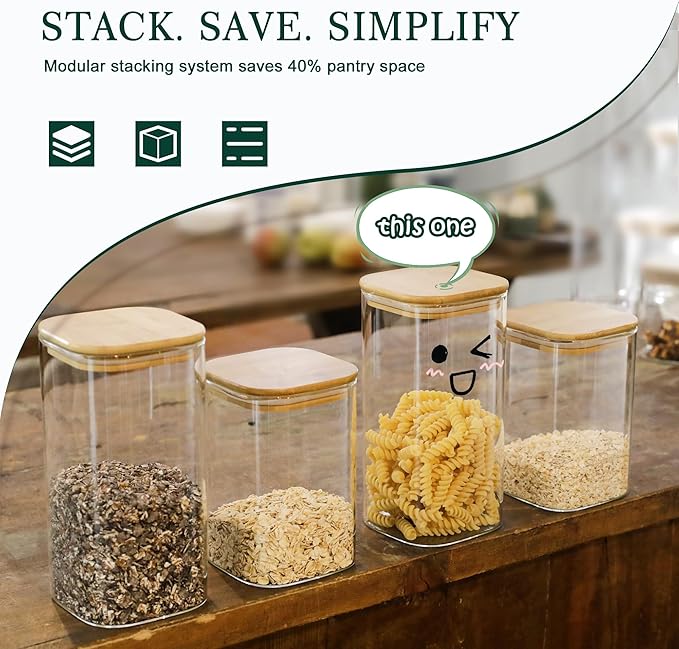LIBWYS Kitchen Glass Jars Set with Bamboo Lids for Storage (1pcs - 1.67Qt) - Stackable Square Food Jars for Pantry Organization, Coffee, Flour, Snacks, Tea | Kitchen Canisters Set