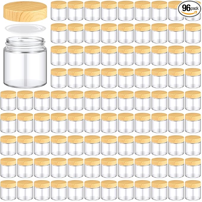 Norme 96 Pcs 4oz Glass Jars with Lids Empty Small Glass Containers and Inner Liners Reusable Cosmetic Jars Round Airtight Bottles with Plastic Wood Grain Lids for Travel Wedding Favors Gifts