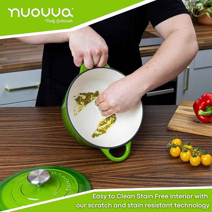 Cast Iron Dutch Oven with Lid – Non-Stick Ovenproof Enamelled Casserole Pot – Sturdy Dutch Oven Cookware – Green, 3.1-Quart, 22cm – by Nuovva