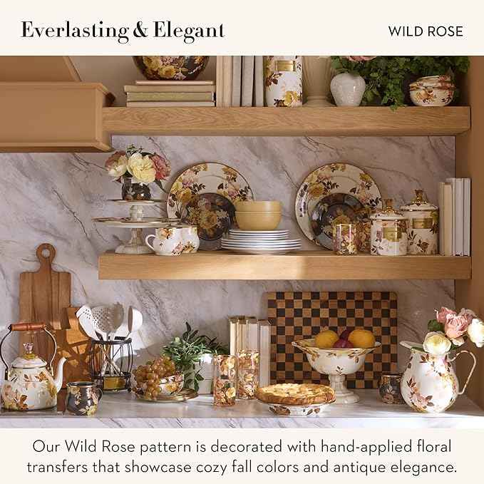 MACKENZIE-CHILDS Enamel Abundant Bowl, Decorative or Serving Bowl, 13-Cup Capacity, White Wild Rose