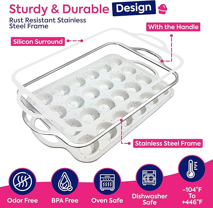 RICCLE 2 Pack Silicone Mini Muffin Pan with Metal Reinforced Frame, 24-Cup Mini Cupcake Pans, Mini Muffin Silicone Molds, Silicone Muffin Pans for Baking - Oven & Dishwasher Safe, BPA-Free