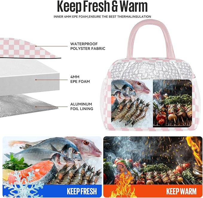 douyadady Lunch Bag Women/Men Lunch Box Women/Men (Pink+White Checkerboard)