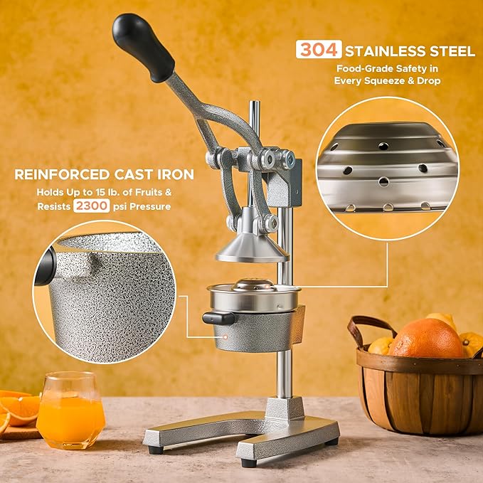 CO-Z Manual Citrus Juicer, Commercial Grade Cast Iron Orange Juicer, Professional Heavy Duty Juice Press with Removable Strainer, Manual Juice Extractor for Orange Lemon Pomegranate Citrus, Gray