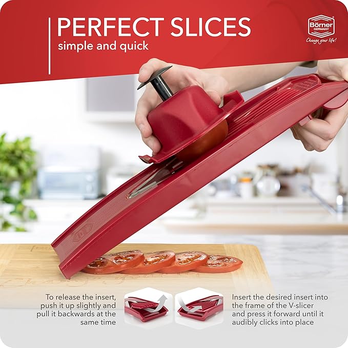 Mandoline Food Slicer Börner V1 (Starter Set) by Reston Lloyd • V-Slicer with 3 Blade Inserts & Food Holder • Made in Germany • Fruit & Vegetable Chopper • Multiple Settings • Color: Red