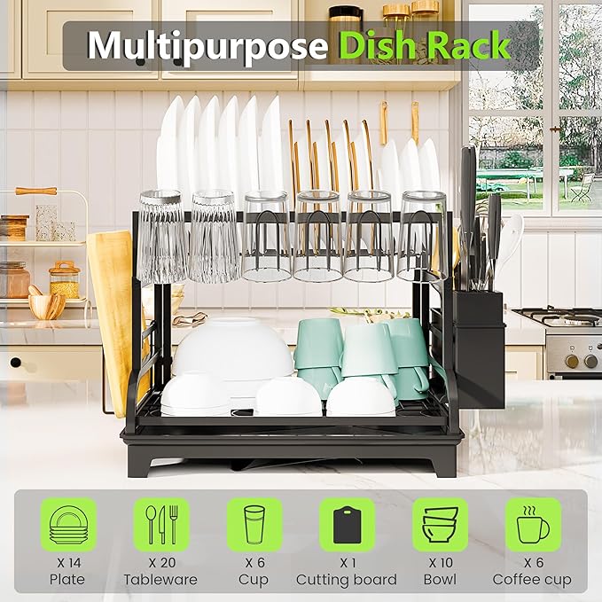 2-Tier Foldable Dish Drying Rack with Drainboard, Stainless Steel Large Capacity Kitchen Counter Organizer with Cup Holder, Utensil & Cutting Board Storage, No Assembly Required, Black