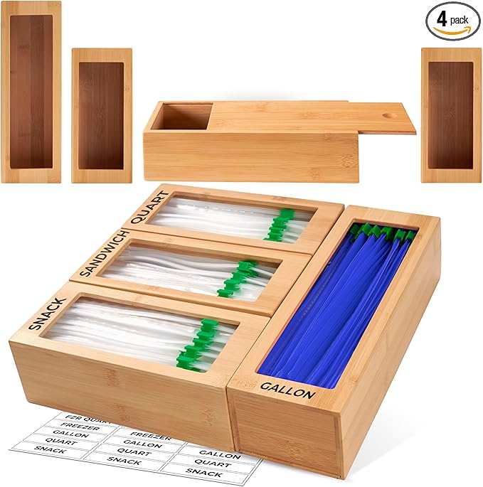 Storage Bag Organizer, Bamboo Baggie Organizer for Drawer, 4 Modular Blocks for Kitchen Organization, Plastic Bag Storage Organizer, Quick Refill - Fits Gallon, Quart, Sandwich, Snack Size Bags