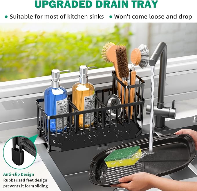 TomCare Extra Large 11'' Sink Caddy With Drain Tray Non-slip Kitchen Sink Organizer With 2 Adjustable Dividers High Brush Holder Rustproof Sponge Holder Kitchen Storage Accessories for Counter