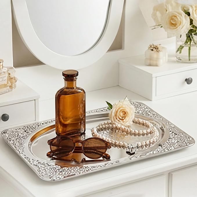 Silver Serving Trays, 6 Pcs Stainless Steel Serving Platters with Retro Engraved Design, 13.7 x 8.5 Inch for Serving Food, Appetizers, or as Decorative Accent at Home