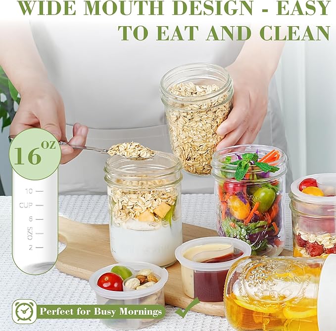 Miuyhji Overnight Oats Containers with Lids, 2-Pack Glass Mason Jars 16 oz with Lids, Folding Spoons and Separated Compartment, for Chia Pudding, Yogurt, Salad, Parfait Cups (Gray/Purple)