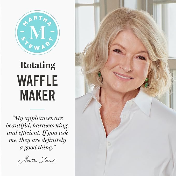 Martha Stewart Rotating Waffle Maker, 180° Flip Iron with PFAS-Free Nonstick Plates, Adjustable Timer, Ready Light, Drip Tray, Space Saving, Classic Round 7”, Easy to Clean, Stainless Steel, Honeydew
