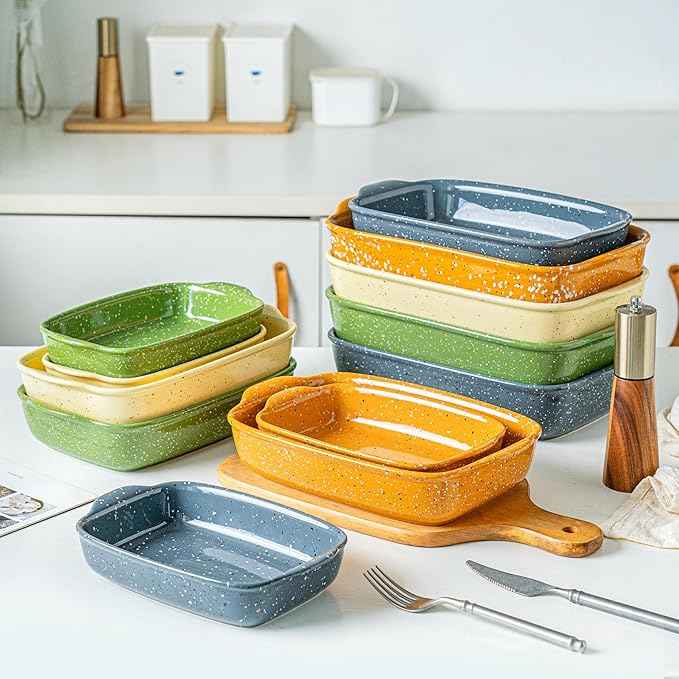 Casserole Dish Set of 3,Lasagna Pan,Ceramic Bakeware for Oven,Rectangular Baking Dishes with Handles,High Heat Resistant,Colorful Speckle Stoneware Series (13.8''/12''/9.6''Yellow)