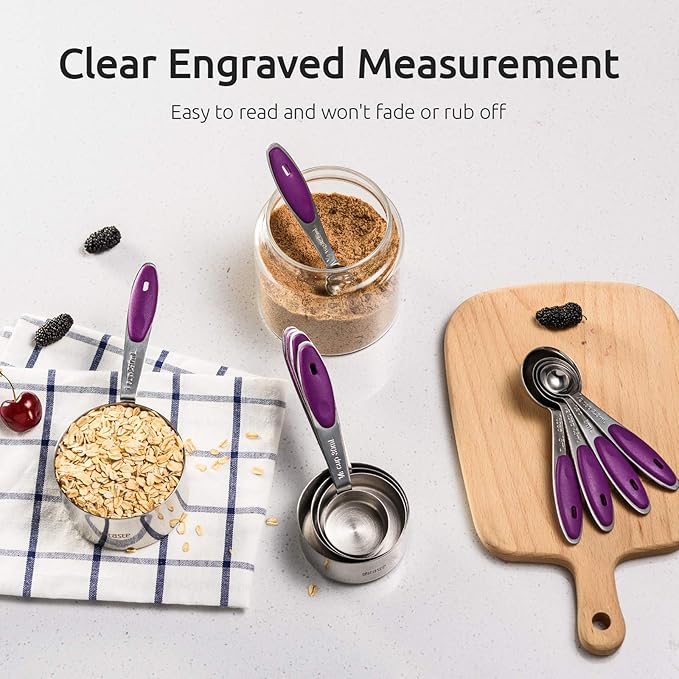 U-Taste 18/8 Stainless Steel Measuring Cups and Spoons Set of 10 and 12.6in Stainless Steel Danish Dough Whisk (Purple)