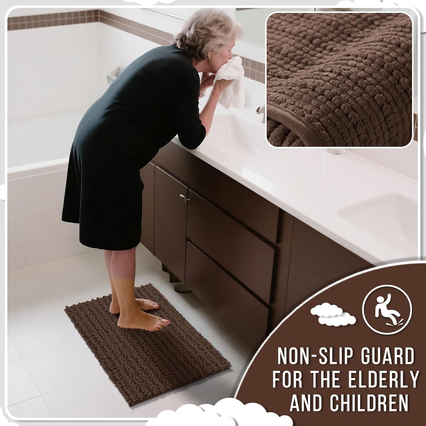 Yimobra Long Bathroom Rugs Non Slip Washable 44x24 Inch - Ultra Soft Absorbent Chenille Bath Mat, Quick Dry Shaggy Floor Carpet for Tub Shower, Brown Home Decor Accessories