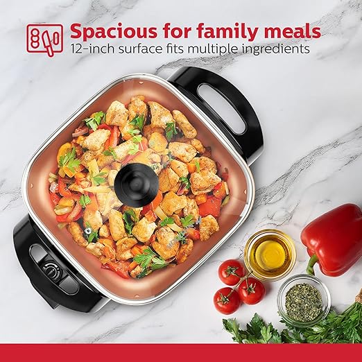 Holstein Housewares 12-Inch Electric Skillet - 1400W Electric Pan with Adjustable Temperature Control, PFOA-Free Non-Stick Coating, Cool-Touch Handles, Multi-Function Cooker, Copper & Black