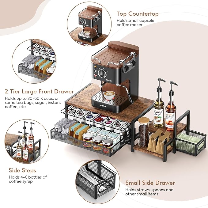 K Cup Holder, 2-Tier Coffee Pod Holder for 60 Pods, K Cup Drawer Organizer with Sliding Storage Drawer, Coffee Bar Station Organizer for Countertop, Space Saving, Home & Office, Brown