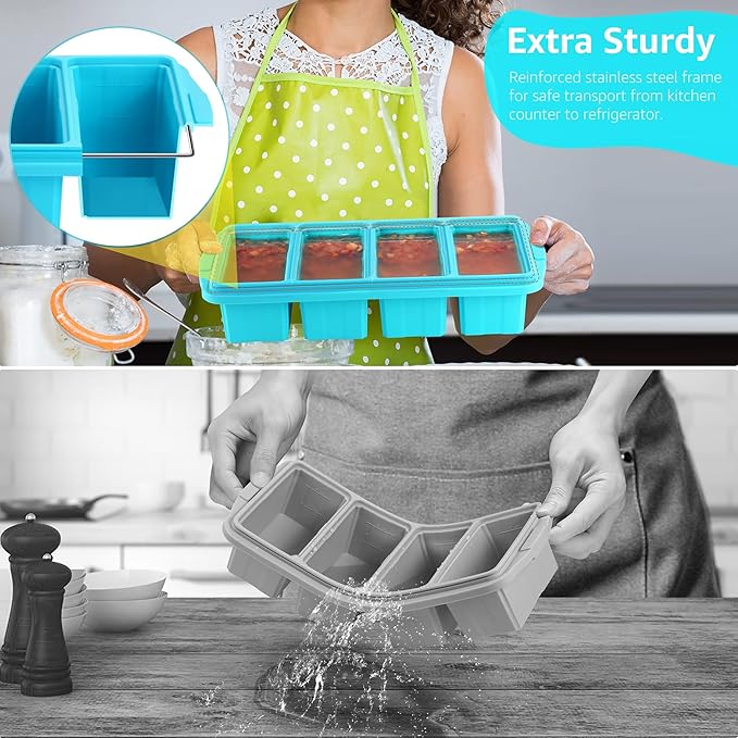 Ztomine Silicone Freezer Tray With Lid - Silicone Freezer Food Molds- Large Ice Cube Tray,4-Pack Silicone Freezer Container,Freeze & Store Soup, Sauce, Broth,Leftovers - Makes 4 Perfect 1 Cup