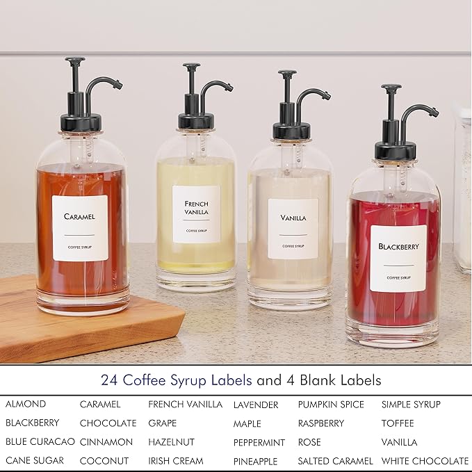 16.9 oz/500 ml Coffee Syrup Dispenser Set - 6 Glass Bottles with Black Pumper and Syrup Labels - Precise Dispensing and Stylish Addition to Coffee Shop, Cafe or Home Bar