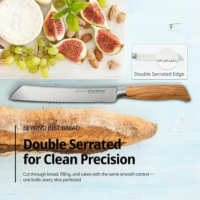 WICKWILLOW 8 Inch Bread Knife – Swedish Steel 14C28N with Italian Olive Wood Handle – Double Serrated Knife for Sourdough & Homemade Bread – Gift Box – Jarniva Series