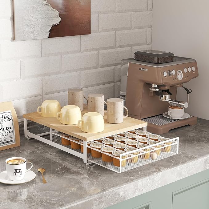 Sedegn Coffee Pod Holder Counter Coffee Vertuo Capsules Storage Organizer with Sliding Drawer Compatible For 35 K-Cup Pods No Assembly Needed Natural Colour