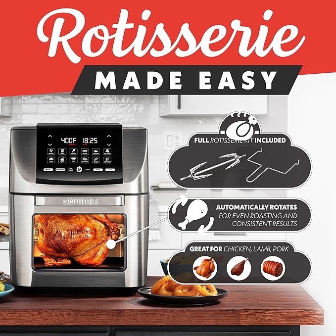 Gourmia Air Fryer - 14 Qt All-in-One Rotisserie Oven with Digital Display, 12 Presets, Roast, Bake, Broil, Dehydrate, Dishwasher Safe Accessories, Stainless Steel